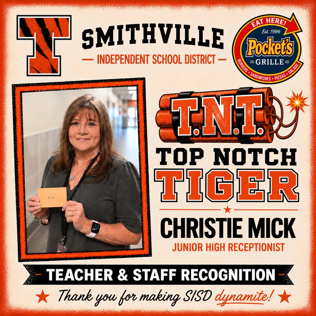 An orange and white graphic displays a woman holding a card and badge. Text reads, "T.N.T. Top Notch Tiger, Christie Mick, Junior High Receptionist."
