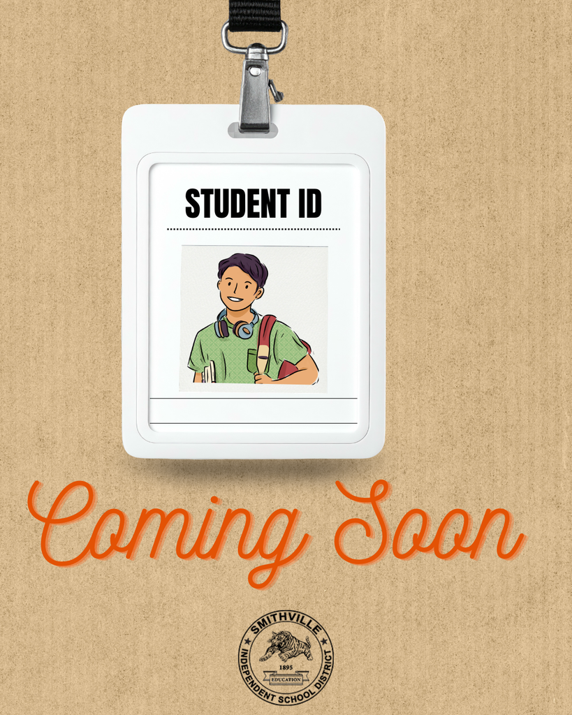 A student ID card with a young person wearing a green shirt and headphones hangs on a brown background. Below it, text reads "Coming Soon" in orange.