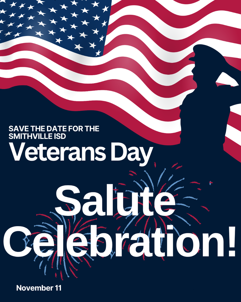 An American flag and silhouette of a person saluting in front of fireworks. Text reads, "Veterans Day Salute Celebration! November 11".