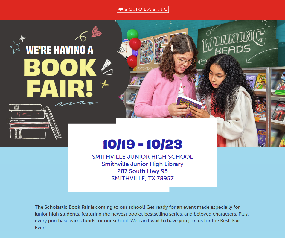 Book fair event flyer. Two students look at books IN a library. "We're having a book fair" is displayed.