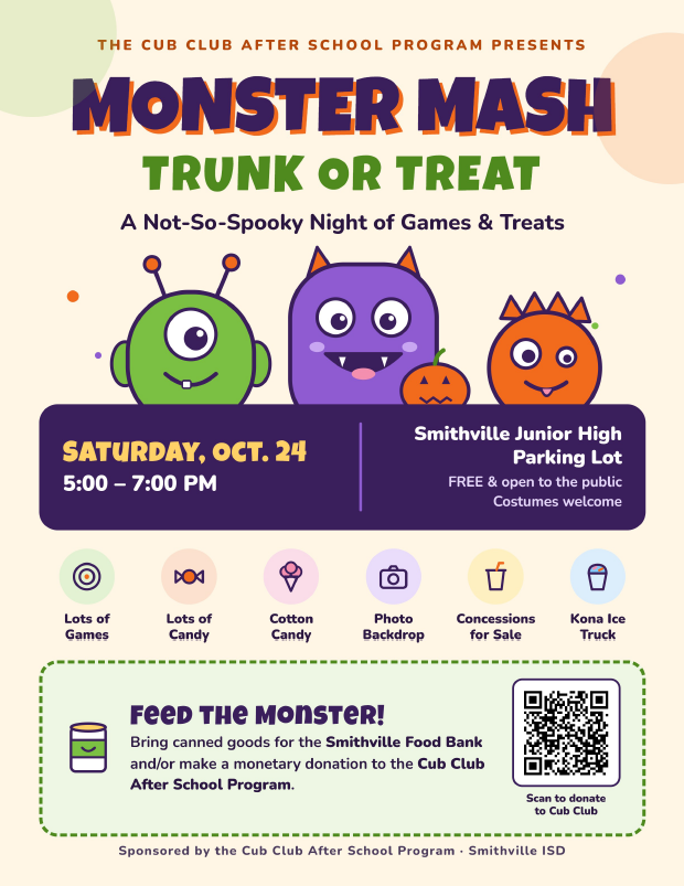 Event poster with cartoon monsters, date and time, QR code, and information about games, treats, and donations.