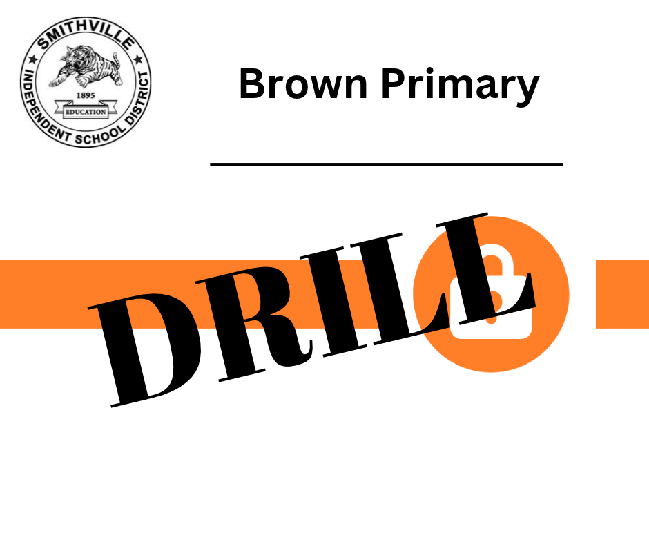Brown Primary logo with a school emblem, bold black text "DRILL" in orange circle, and "Brown Primary" in smaller text above.