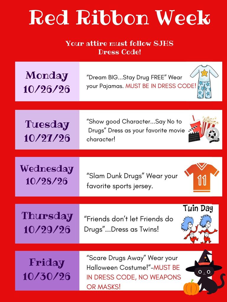 Calendar for Red Ribbon Week. Each day has a different themed dress code.