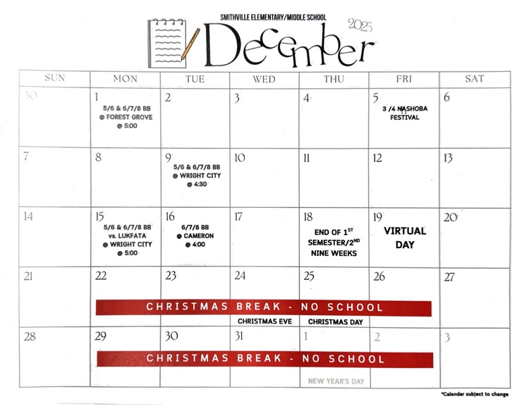 Dec ELEM/MS calendar