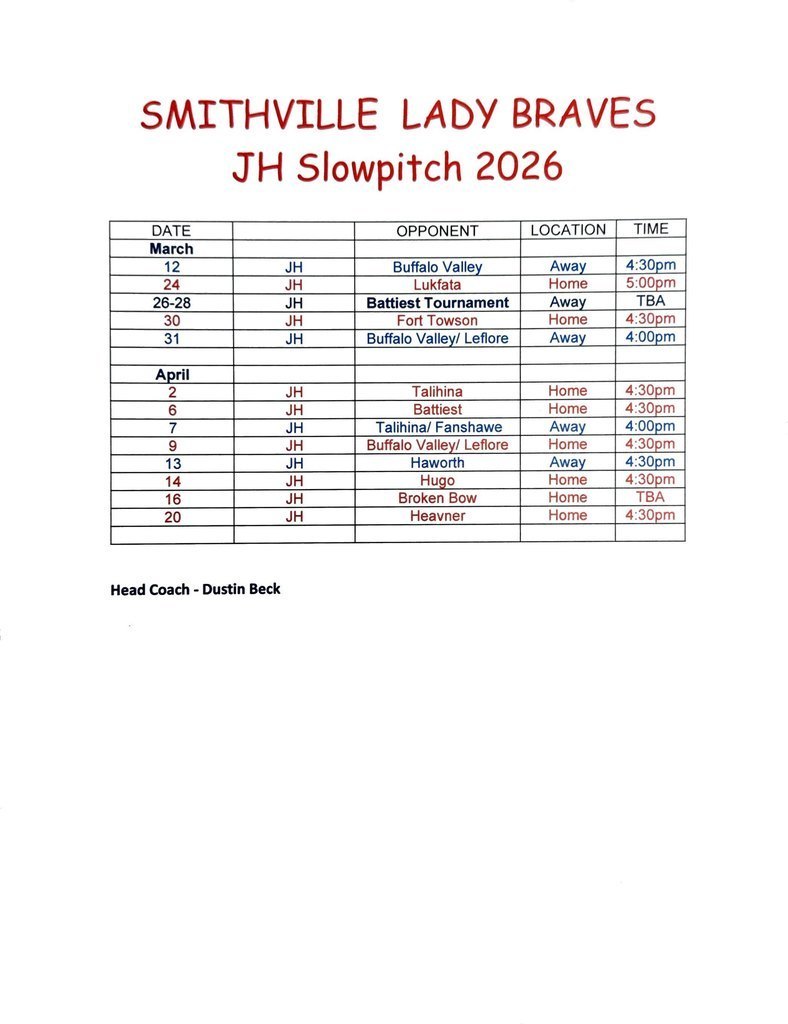 JH Slowpitch schedule Spring 2026