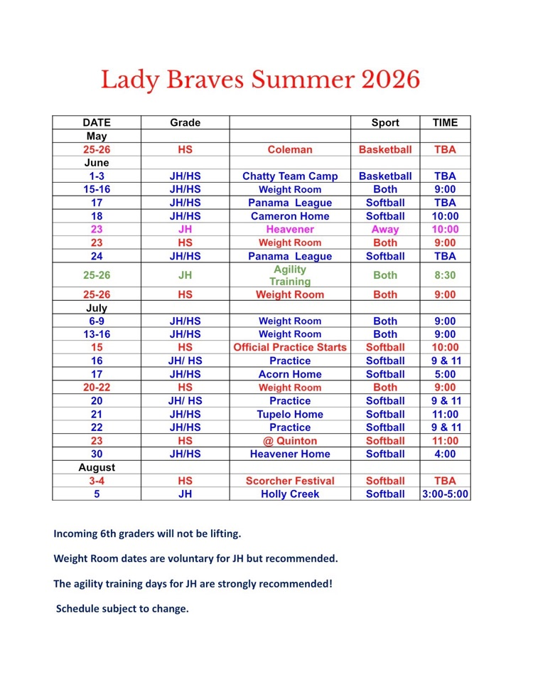 Lady Braves summer schedule