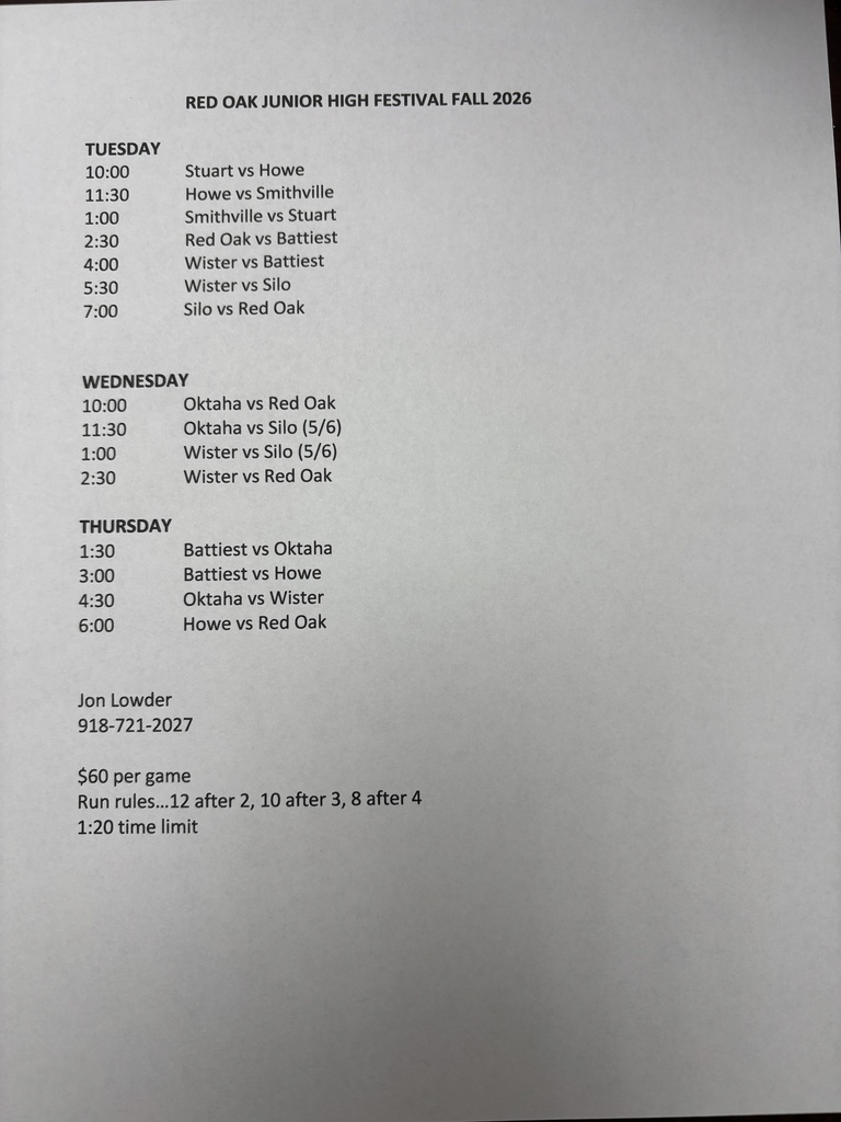 Red Oak JH Baseball Festival Schedule August 11th-13th.