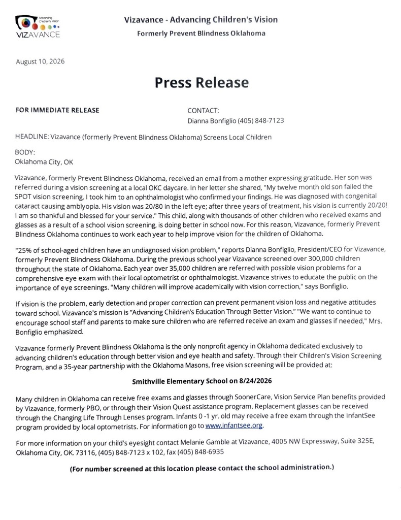 Vizavance Vision Screening Press Release