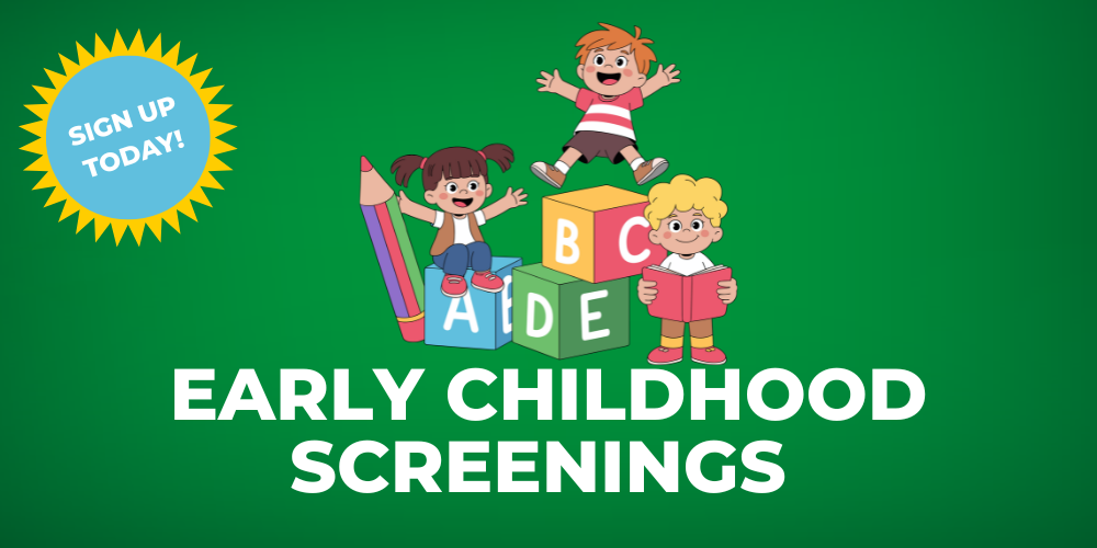 A graphic that has cartoon children climbing on alphabet blocks with the words "Early Childhood Screenings, Sign up today".