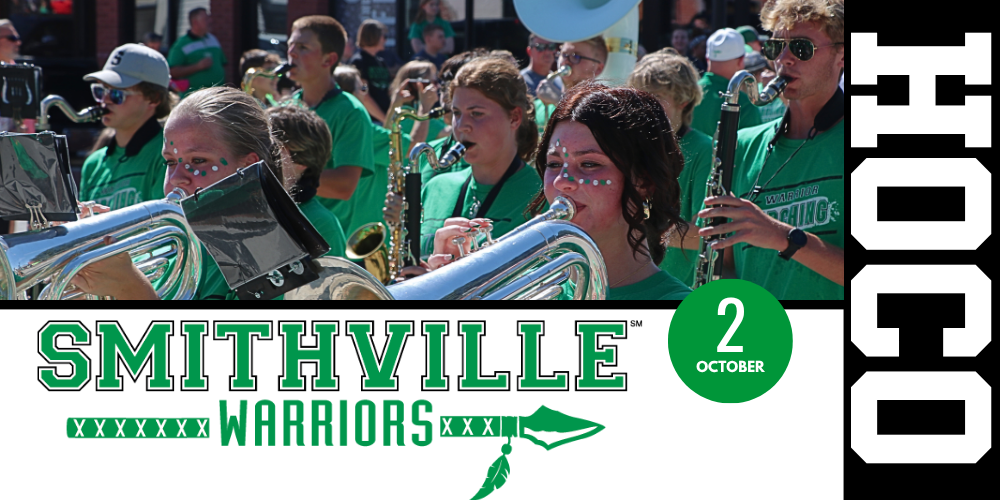 A picture of the band marching in a parade - It says Smithville Warriors HOCO October 2