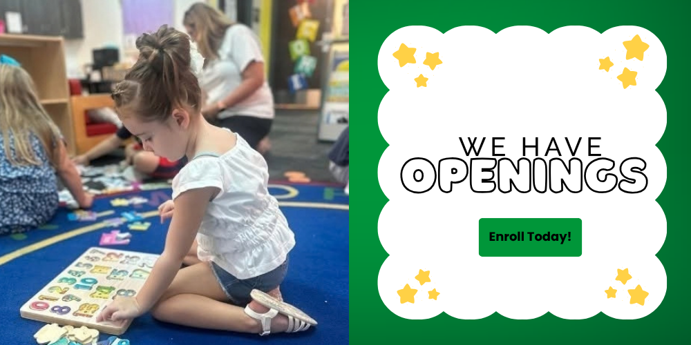 A graphic with a picture of a preschool girl doing a puzzle on the left, a cloud box that says we have openings, enroll today on the right