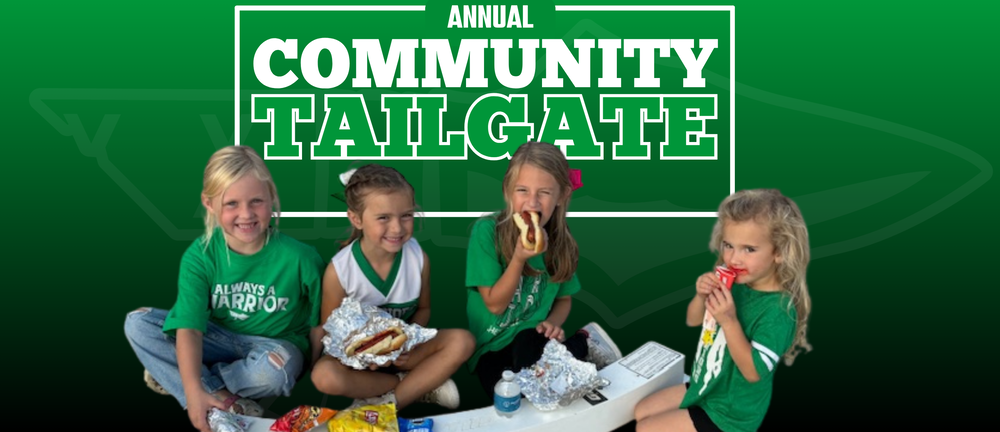 A graphic advertising Annual Community Tailgate with a picture of four little girls enjoying a hot dog picnic.