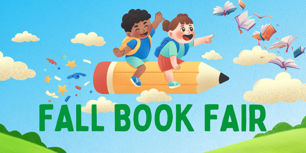 A graphic with cartoon children flying on a pencil and pointing at flying books. At the bottom it says Fall Book Fair