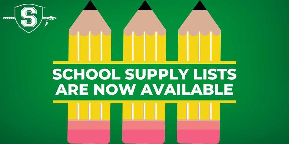 Graphic with large yellow pencils that say School Supply Lists are Now Available.