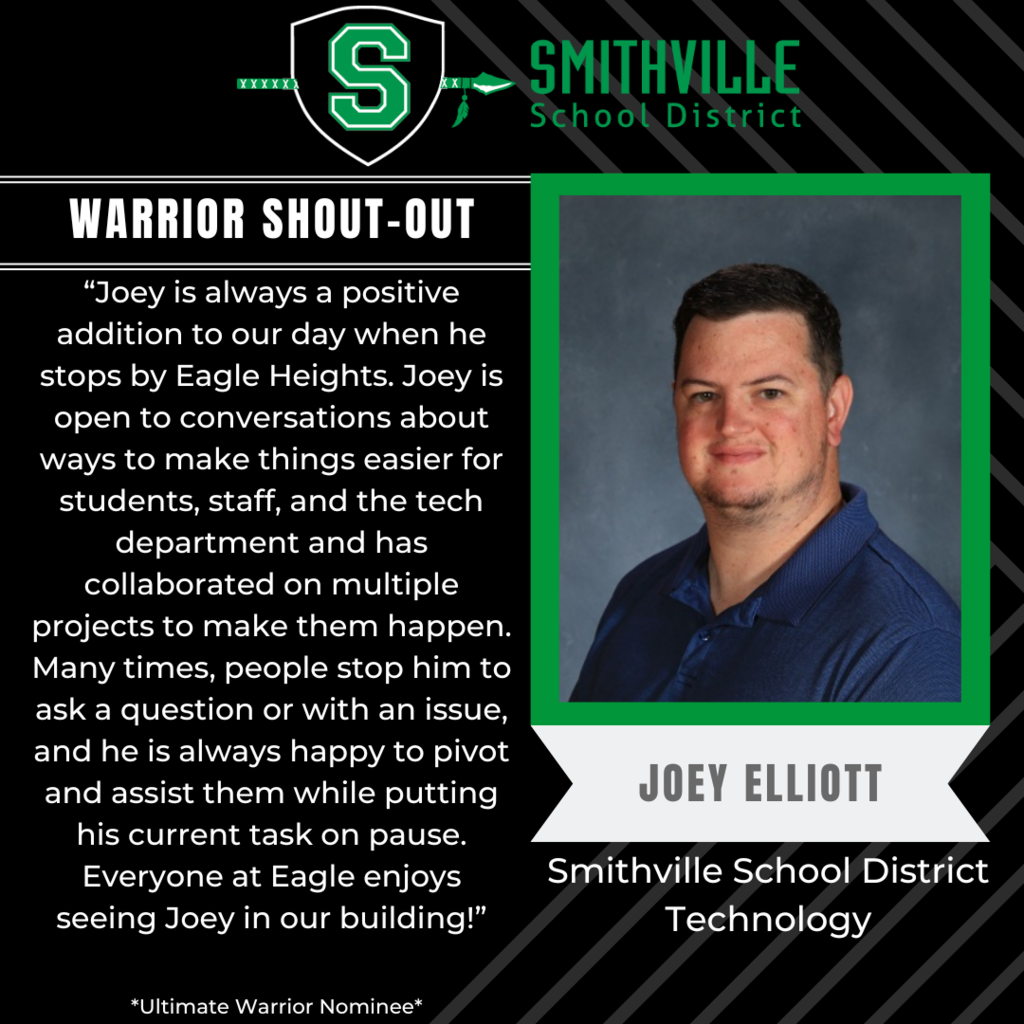 Joey is always a positive addition to our day when he stops by Eagle Heights. Joey is open to conversations about ways to make things easier for students, staff, and the tech department and has collaborated on multiple projects to make them happen. Many times, people stop him to ask a question or with an issue, and he is always happy to pivot and assist them while putting his current task on pause. Everyone at Eagle enjoys seeing Joey in our building!