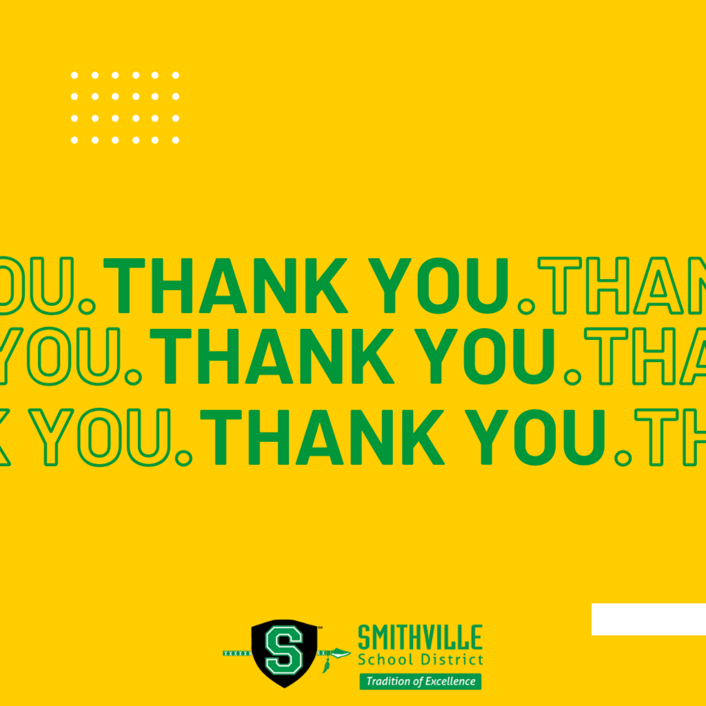 A yellow, green, and white graphic with the repeating word "Thank You"