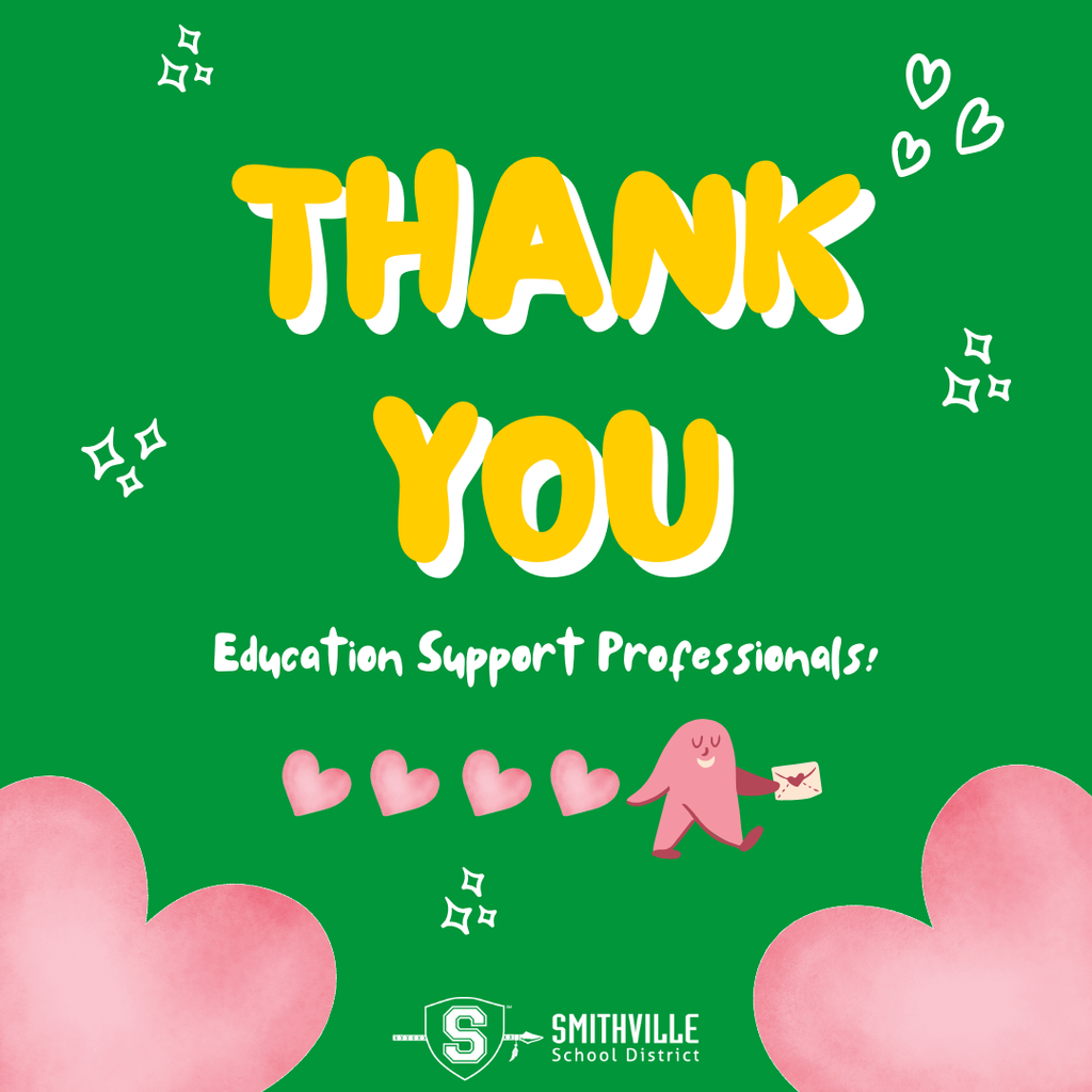 A graphic that reads "Thank you Education support Professionals" with cartoon like pink and white hearts 