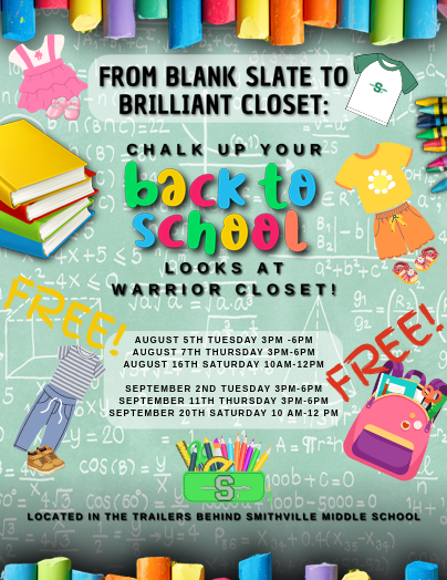 Chalk up your back to school looks at warrior closet! It is open August 5th 3-6pm, August 7th 3-6pm, August 16th 10am-noon, September 2nd 3-6pm, September 11 3-6pm, September 20 10am-noon