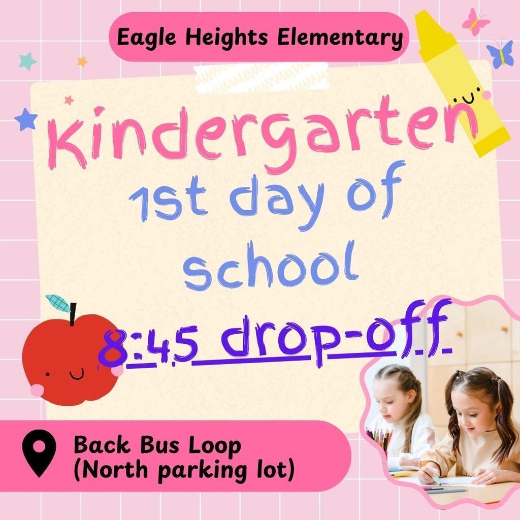 Kindergarten 1st day of school text, images of kids, crayon and apple