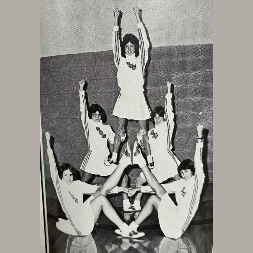 Cheer squad making a pyramid in 1980!