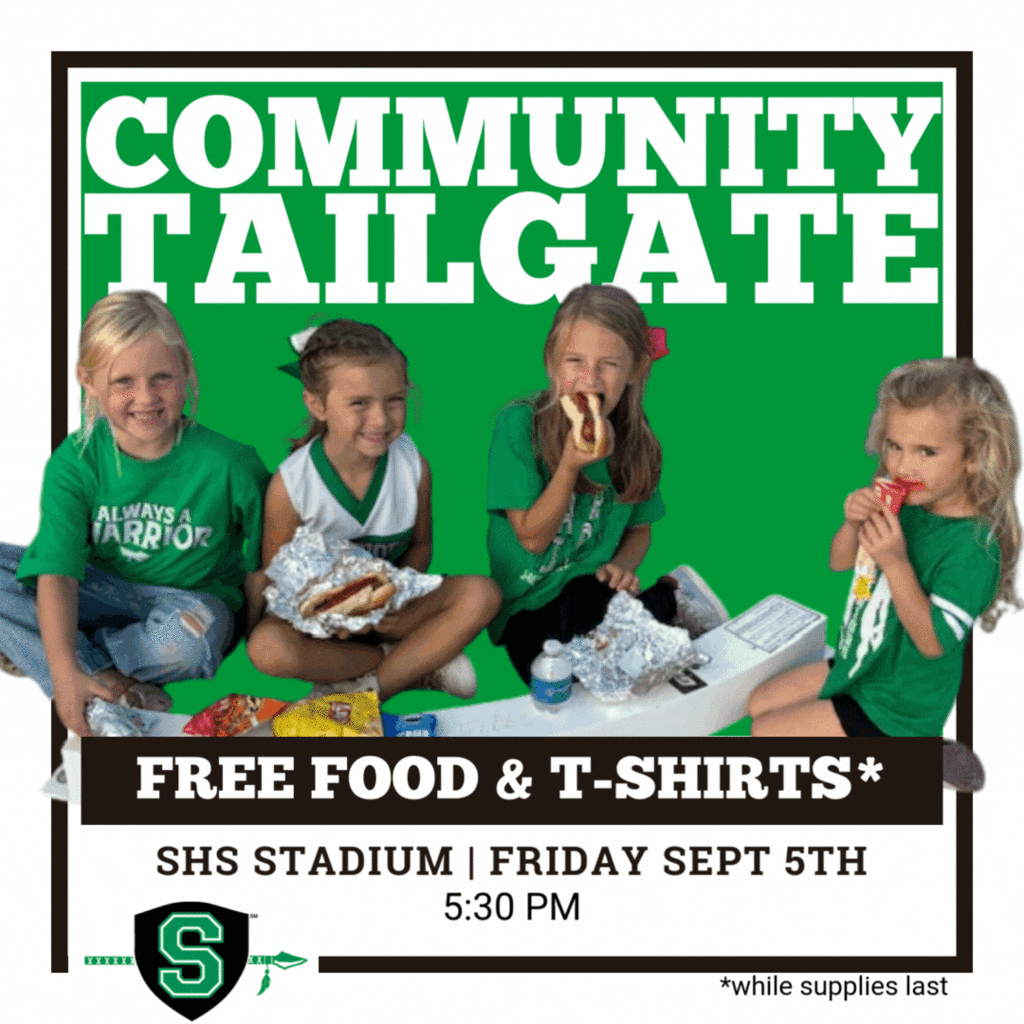Community Tailgate with a picture of 4 little girls eating hot dogs. Sept 5 at 5:30 SHS Stadium