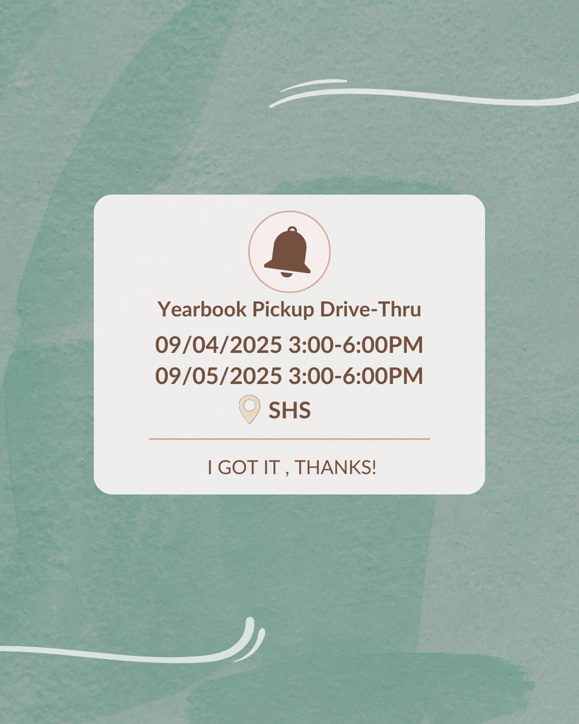 Yearbook Pickup Drive Thru: 9/4 3-6pm, 9/5 3-6pm
