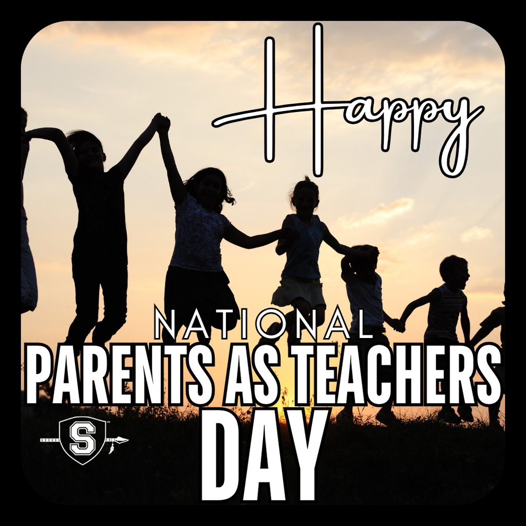 Outlines of kids holding hands and jumping with the words "Happy National Parents as Teachers Day"