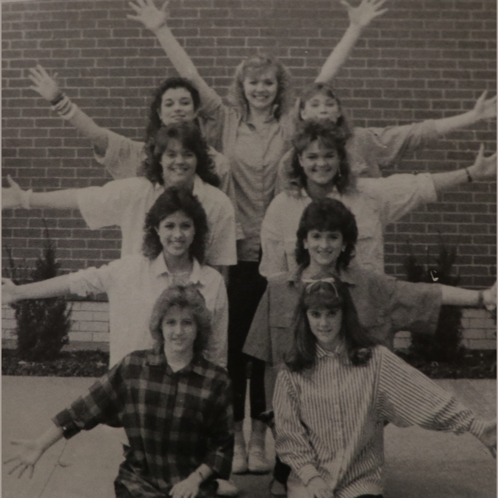 1986, Pom-Pom squad posing for a picture.