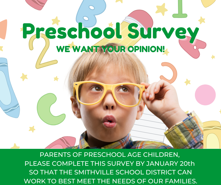 Graphic titled “Preschool Survey – We Want Your Opinion!” featuring a preschool-age child wearing yellow glasses and looking upward thoughtfully. Colorful letters, numbers, and shapes surround the child. Text at the bottom reads: “Parents of preschool age children, please complete this survey by January 20th so that the Smithville School District can work to best meet the needs of our families.”