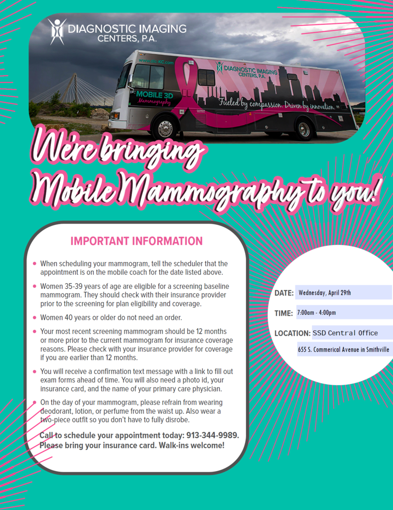 Flyer advertising a Mobile Mammography event open to the public, scheduled for Wednesday, April 29 from 7:00 a.m. to 4:00 p.m. at the Smithville School District Central Office, 655 South Commercial Avenue in Smithville. The flyer includes scheduling instructions, eligibility information for women ages 35 and older, insurance details, preparation tips for the appointment, and a phone number to call to schedule or walk in.