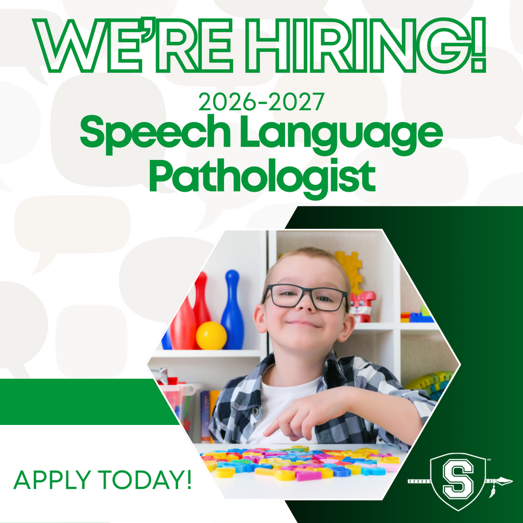 A smiling elementary-aged student wearing glasses sits at a table with colorful letter pieces. Text reads: “We’re Hiring! 2026–2027 Speech Language Pathologist. Apply Today!”