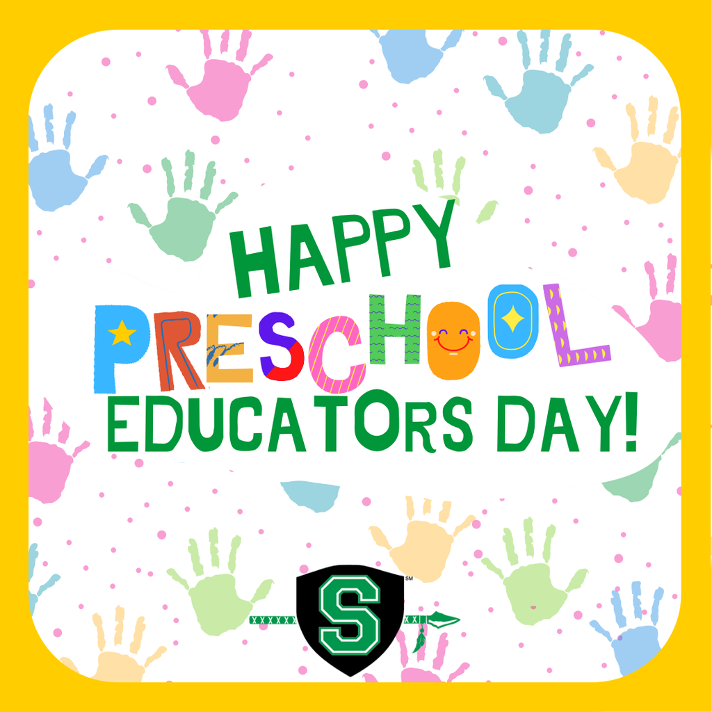 Graphic with a light pastel handprint background celebrating Preschool Educator Day, featuring the Smithville School District logo.