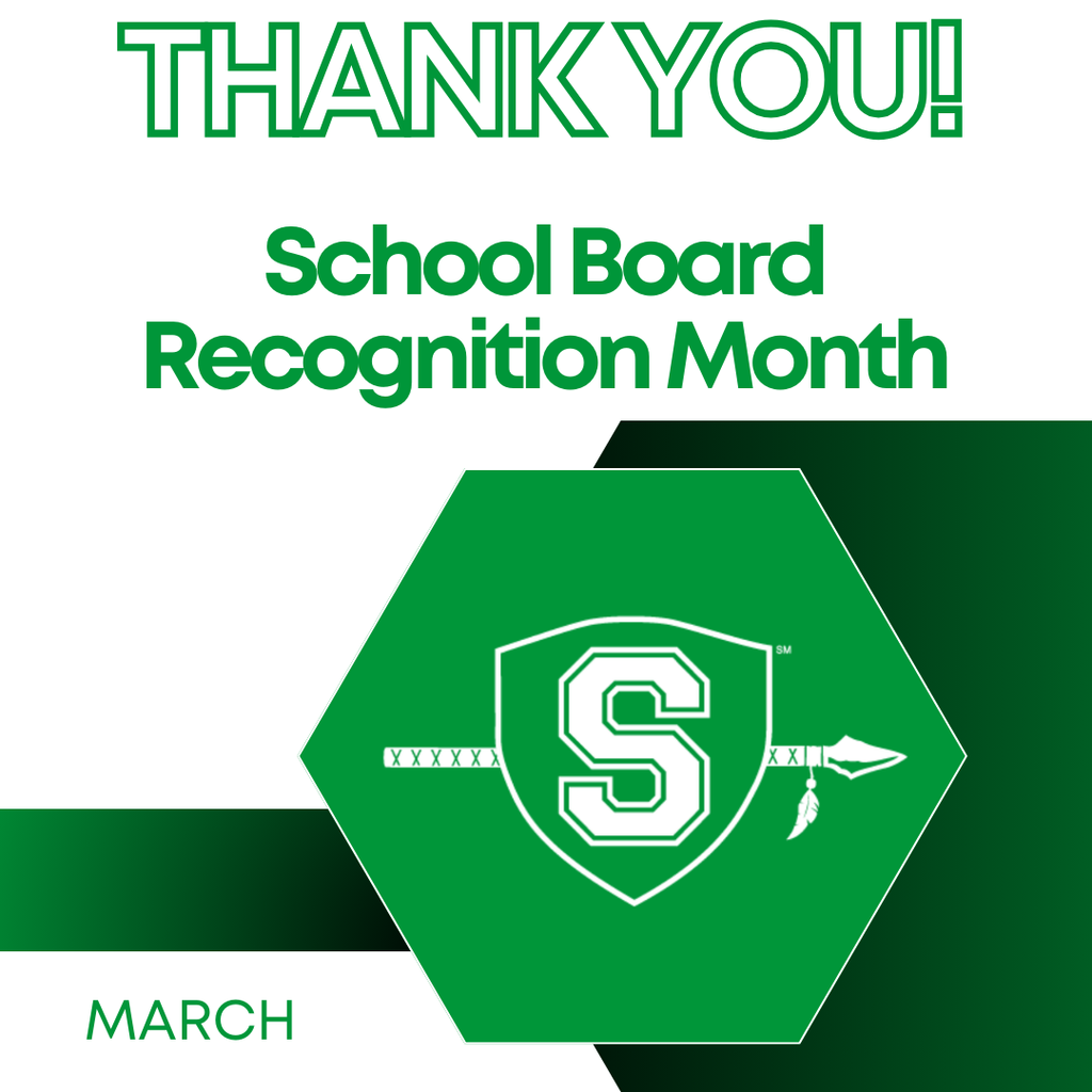 Graphic with a green shapes in the background recognizing School Board Recognition Month - March, featuring the Smithville School District logo.