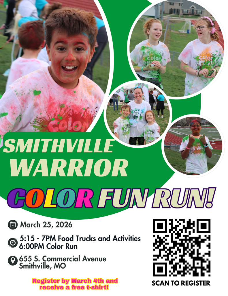 Smithville color fun run. 4 round frames with pictures of kids and families covered in color from last year's run.