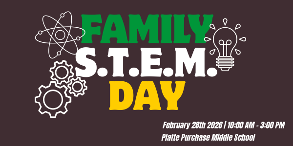 Graphic with a dark brown background featuring the words “Family S.T.E.M. Day” in large green and yellow letters. White science-themed icons surround the text, including an atom symbol, gears, and a light bulb.