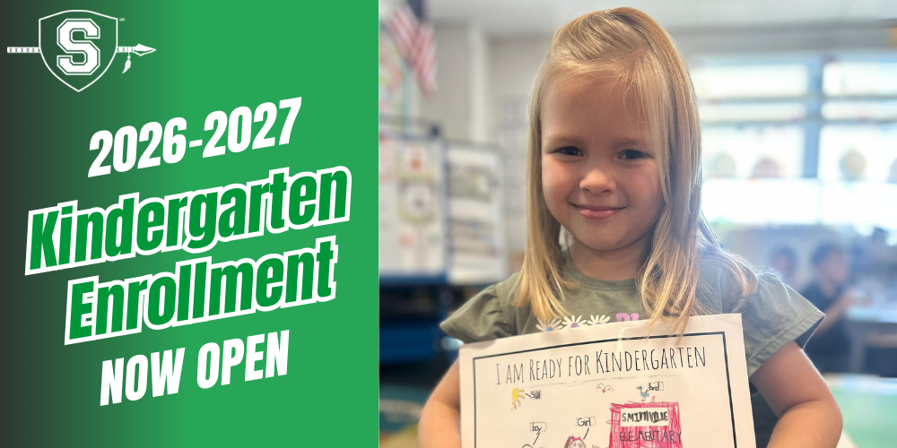 A little girl holding a book that says I am ready for Kindergarten. There is a graphic to the side that says 2026-2027 Kindergarten Enrollment now open with a Smithville School District logo in the corner.