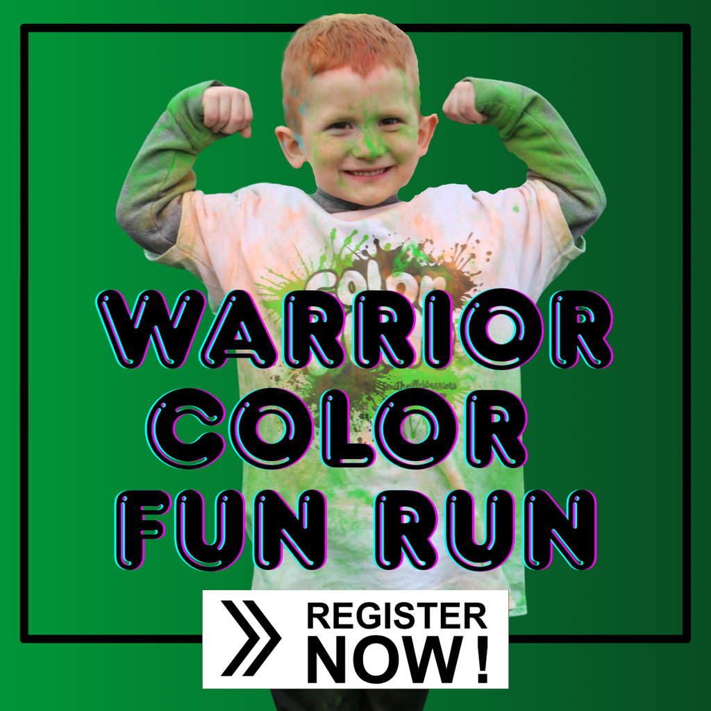 A little boy covered in colored powder flexing his muscles. The graphic says Warrior Color Fun Run, Register Now!