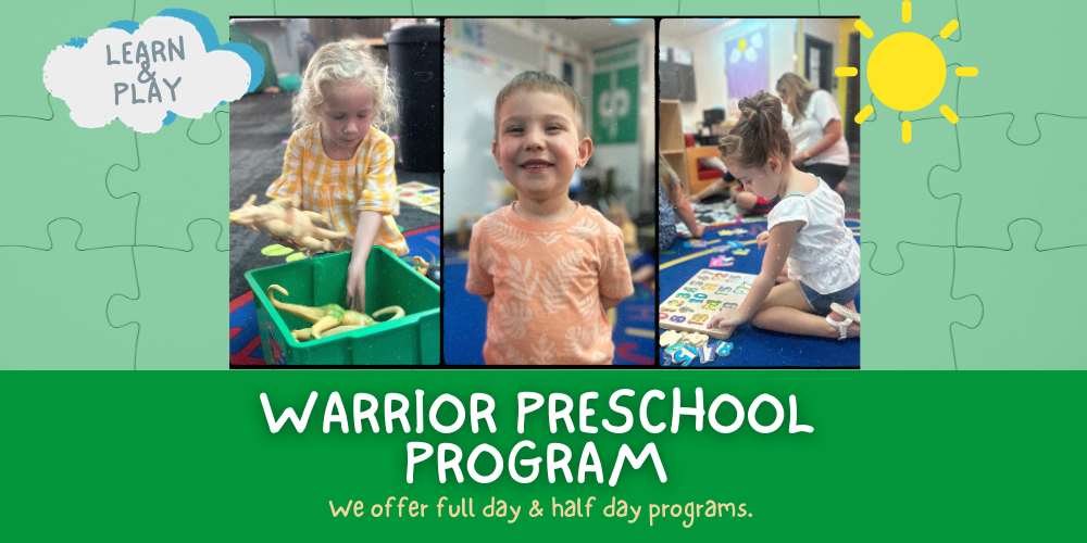 The image is divided into three main horizontal sections:  Top Header: A light green background with a subtle puzzle piece pattern. On the left is a blue cloud containing the words "LEARN & PLAY" in a hand-drawn font. On the right is a bright yellow sun icon.  Center Gallery: Three vertical photos of children engaged in classroom activities:  Left: A young girl in a yellow checkered shirt playing with toy dinosaurs in a green bin.  Middle: A smiling boy in an orange leaf-patterned shirt.  Right: A young girl sitting on the floor working on a colorful number puzzle.  Bottom Footer: A solid green block containing the main text.  Text Content Main Heading: WARRIOR PRESCHOOL PROGRAM (in large, white, rounded capital letters).  Subtext: "We offer full day & half day programs." (in a smaller, white font).