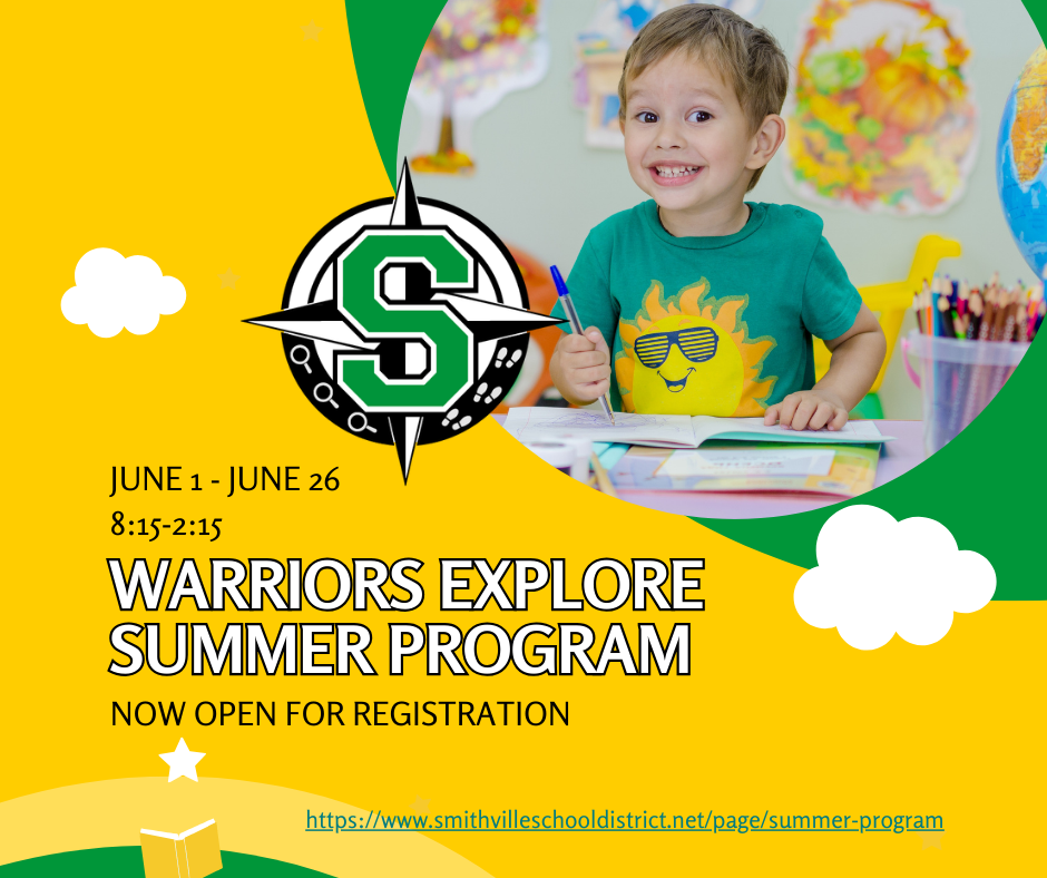 A little boy drawing on a paper. The graphic says Warriors Explore Summer Program - Now Open for Registration. June 1-26 from 8:15-2:15