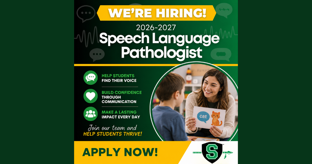 A green and gold “We’re Hiring!” graphic for the 2026–2027 school year advertising a Speech Language Pathologist position at Smithville School District. The design features bold white text, speech and communication-themed icons, and a photo of a speech therapist working one-on-one with a student using flashcards. The graphic highlights helping students find their voice, building confidence through communication, and making a lasting impact every day. The Smithville School District logo appears in the bottom right corner above a large “Apply Now!” banner.