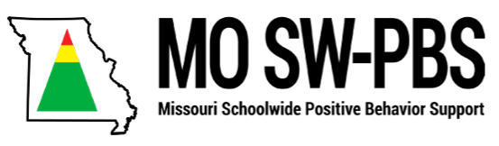 Logo for Missouri Schoolwide Positive Behavior Support (MO SW-PBS). The graphic features an outline of the state of Missouri with a green triangle topped by yellow, orange and red sections on the left, and the text "MO SW-PBS" with "Missouri Schoolwide Positive Behavior Support" underneath on the right.