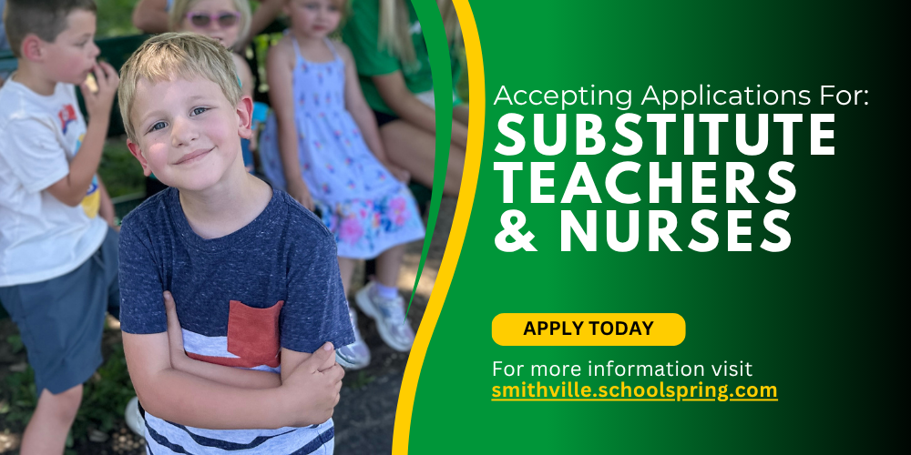 Graphic with a young boy smiling at the camera. It says Accepting Applications for Substitute Teachers and Nurses. Apply today! For more information visit smithville.schoolspring.com