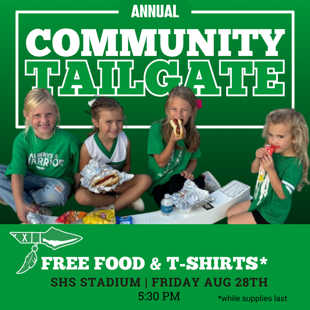 A graphic advertising the Annual Community Tailgate. Four little girls are enjoying a hot dog picnic. Free Food & Tshirts while supplies last. SHS Stadium, Friday Aug 28 @ 5:30