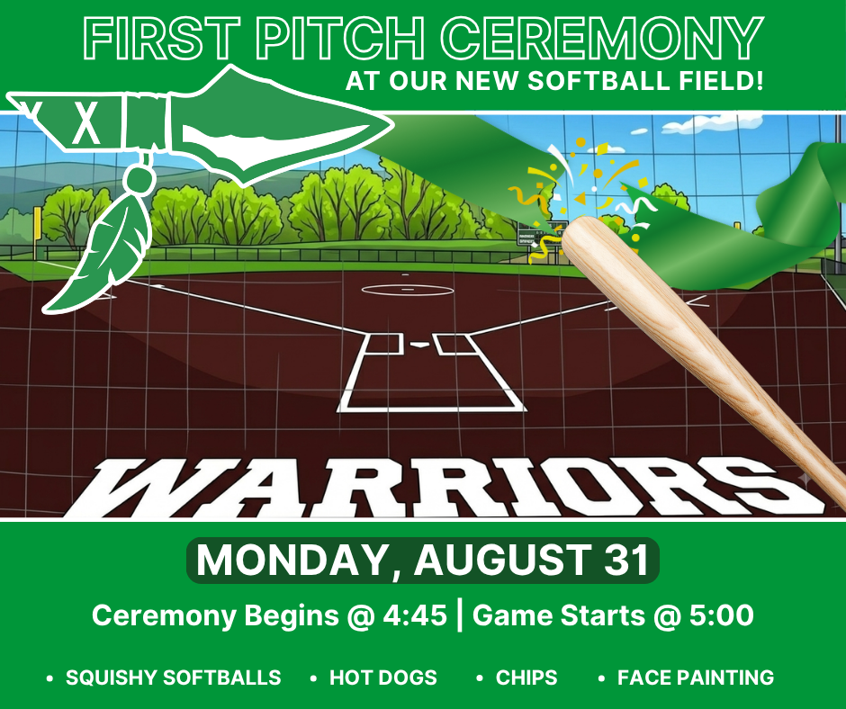 Graphic promoting the Smithville Warriors first pitch ceremony at the new softball field on Monday, August 31. The ceremony begins at 4:45 p.m., with the game starting at 5:00 p.m. The graphic features a softball field, Warrior-themed graphics, and a baseball bat. Activities include squishy softballs, hot dogs, chips, and face painting.