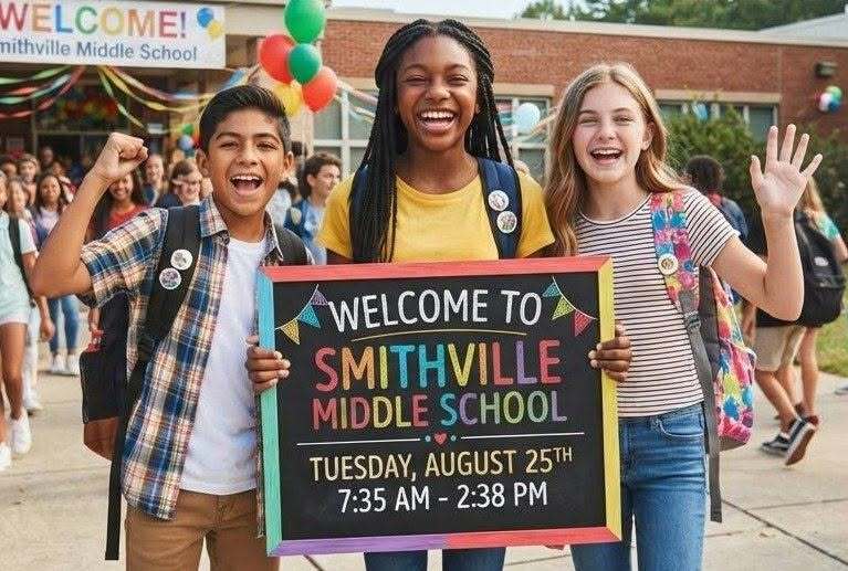 Welcome to Smithville Middle School Tuesday, Aug 25th , 7:35-2:38, students waving
