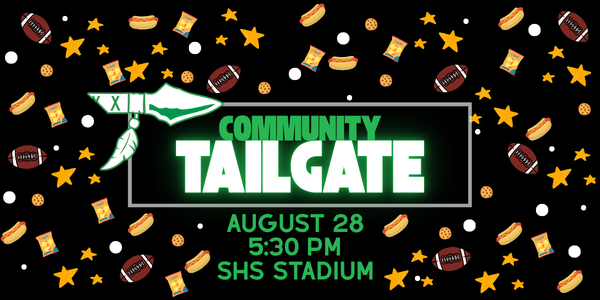 A graphic that has hot dogs, chips, cookies, stars and footballs in the background. It says Community Tailgate - August 28, 5:30 SHS Stadium