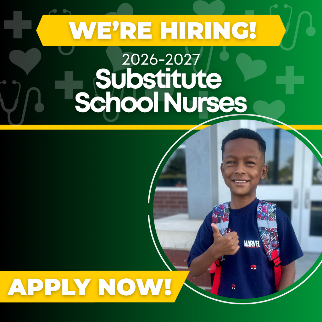 A graphic with medical icons in the background and a picture of a little boy giving a thumbs up. It says We're Hiring, 2026-2027 Substitute School Nurses - Apply Now
