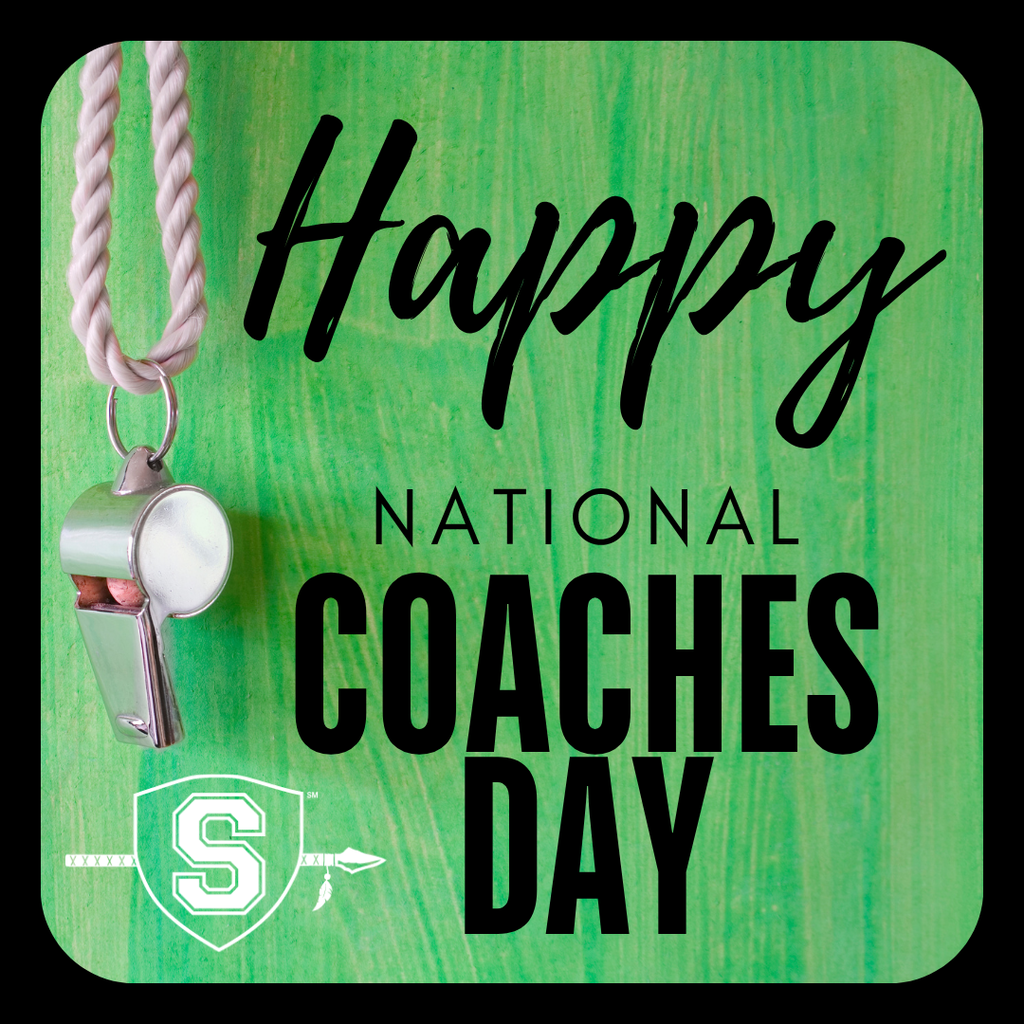 A green graphic that has a whistle hanging and says Happy National Coaches Day