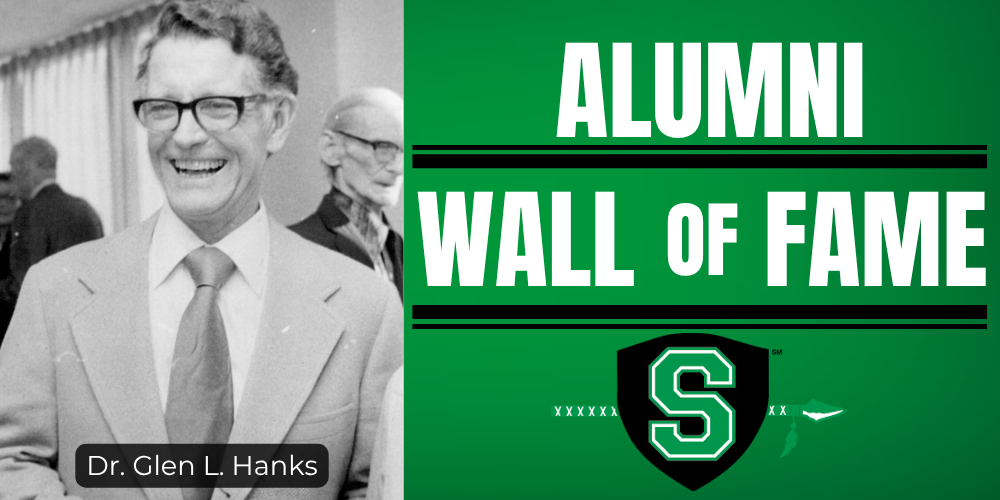 A headshot of Dr. Glen L. Hanks. It says Alumni Wall of Fame and has a Smithville logo