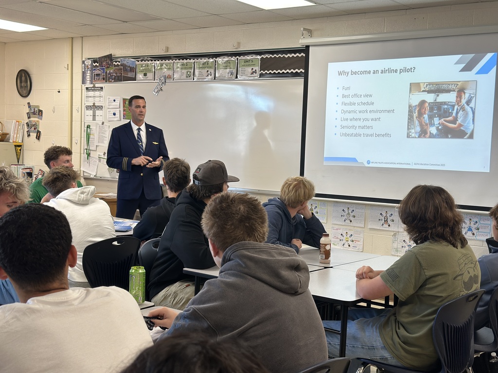Students listen to a presentation from an airline pilot.